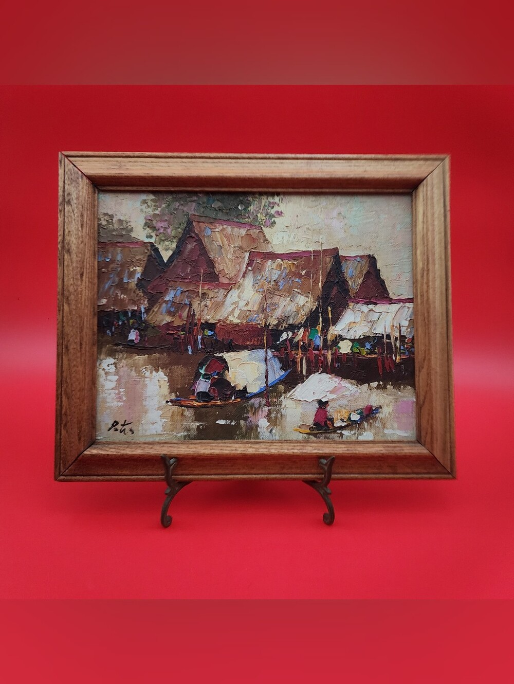 Vintage Artist Signed MCM Impressionist Oil Painting of Thai River Village Scene